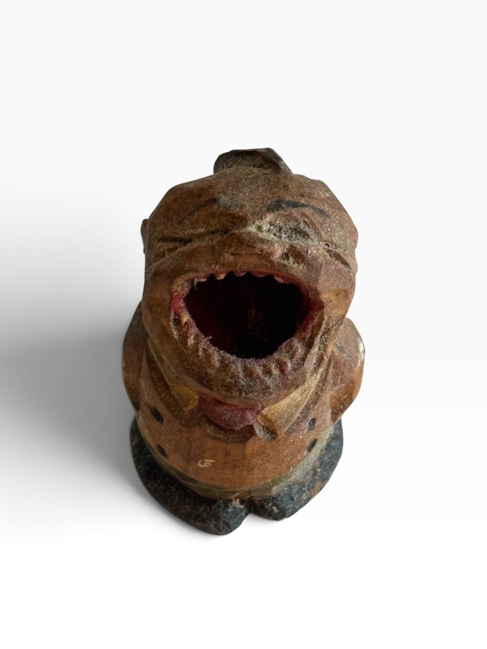 Vintage Hand Carved Big Mouth Wooden Toothpick Holder Man Figure Anri Italy